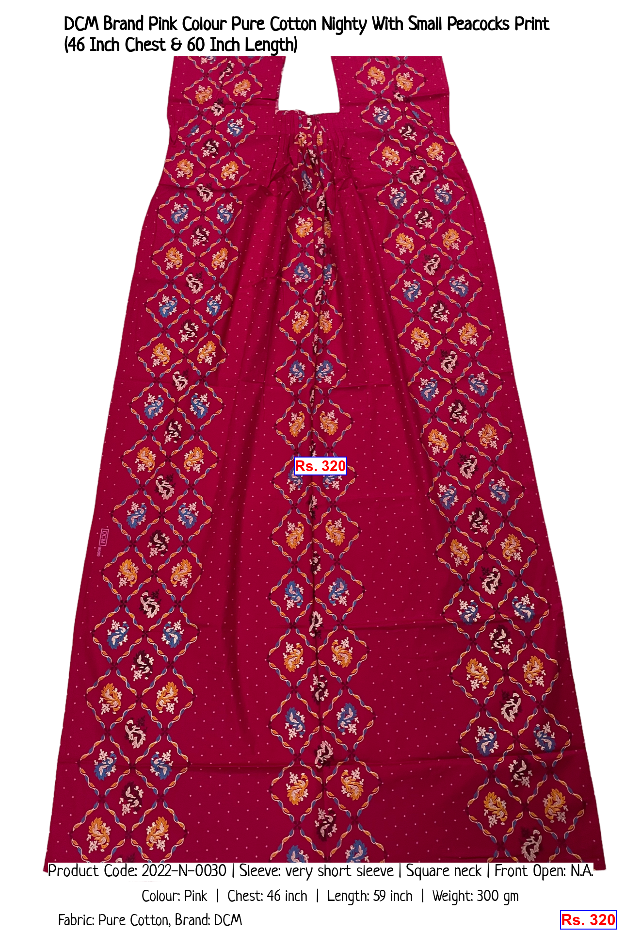 DCM Brand Pink Colour Pure Cotton Nighty With Small Peacocks Print (46 Inch Chest & 60 Inch Length)