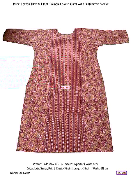 294-pure-cotton-pink-light-salmon-colour-kurti-with-3-quarter-sleeve | Rs. 390