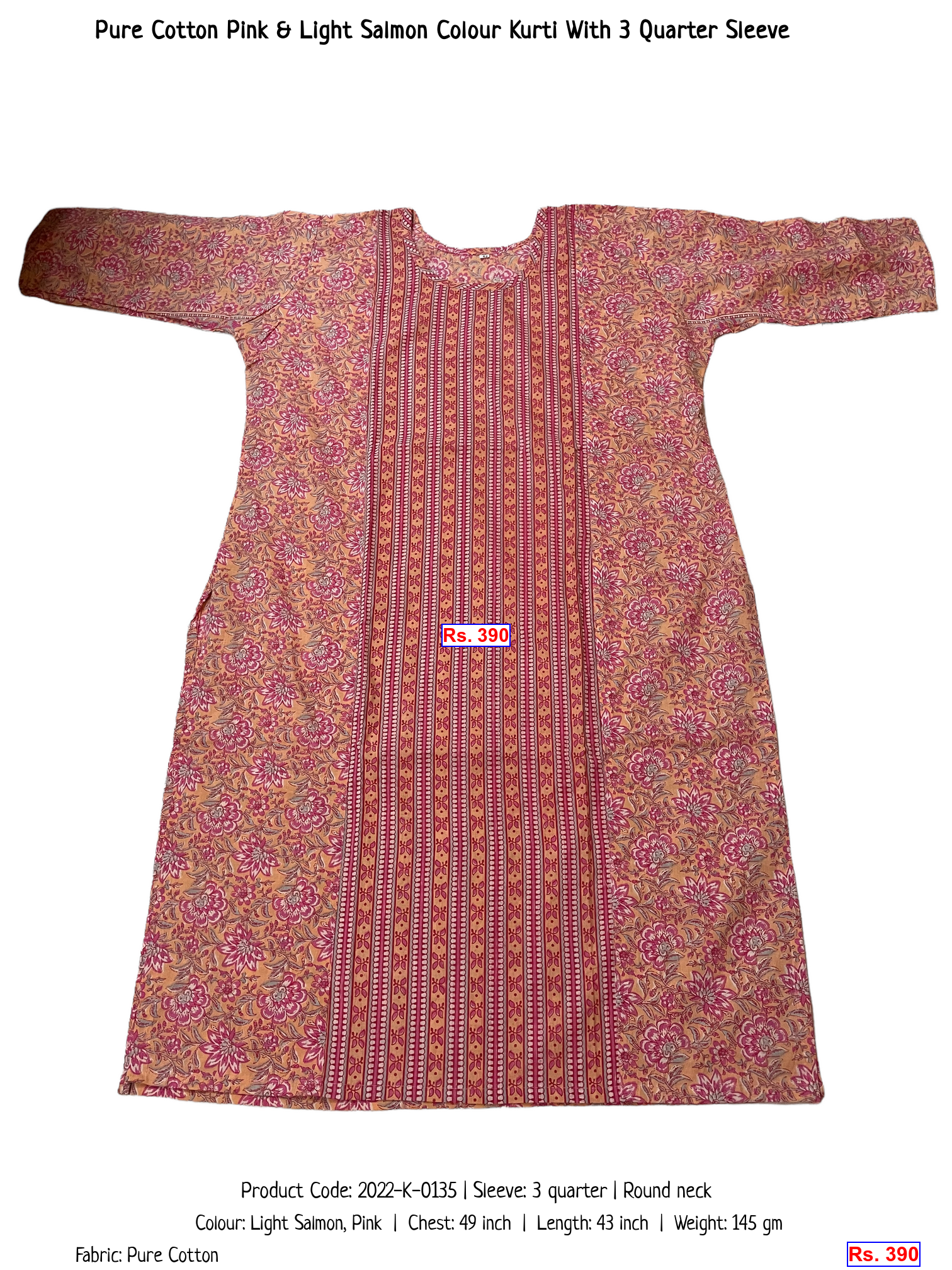 Pure Cotton Pink & Light Salmon Colour Kurti With 3 Quarter Sleeve