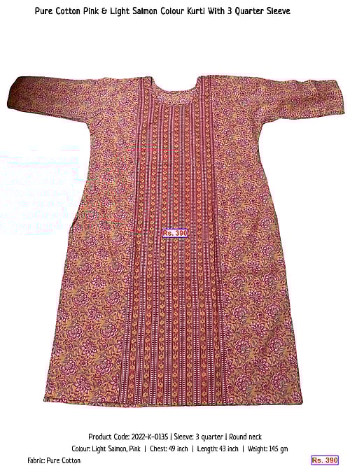 Pure Cotton Pink & Light Salmon Colour Kurti With 3 Quarter Sleeve | Rs. 390