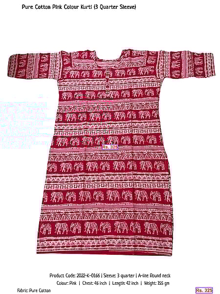 325-pure-cotton-pink-colour-kurti-3-quarter-sleeve | Rs. 325