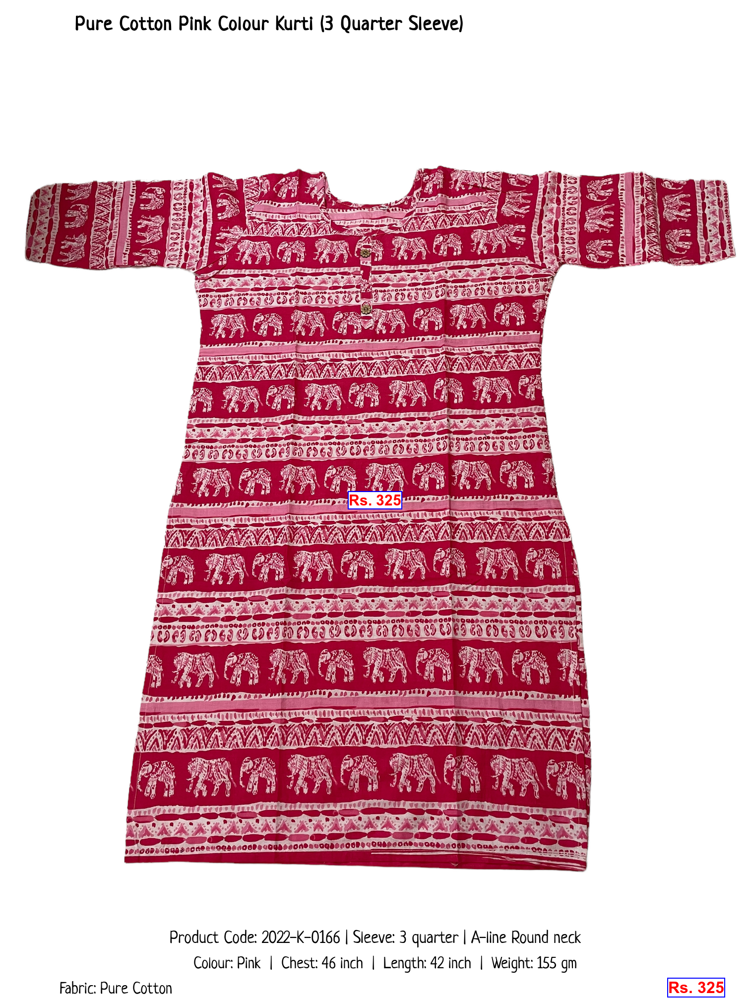 Pure Cotton Pink Colour Kurti (3 Quarter Sleeve)