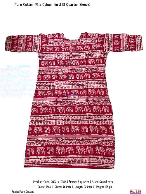 Pure Cotton Pink Colour Kurti (3 Quarter Sleeve) | Rs. 325