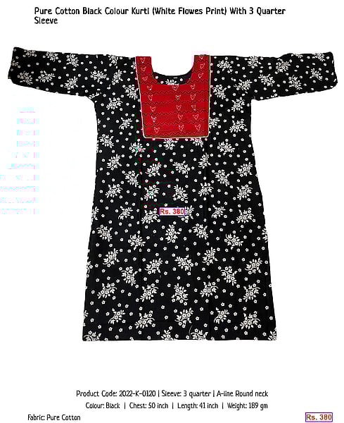 279-pure-cotton-black-colour-kurti-white-flowes-print-with-3-quarter-sleeve | Rs. 380