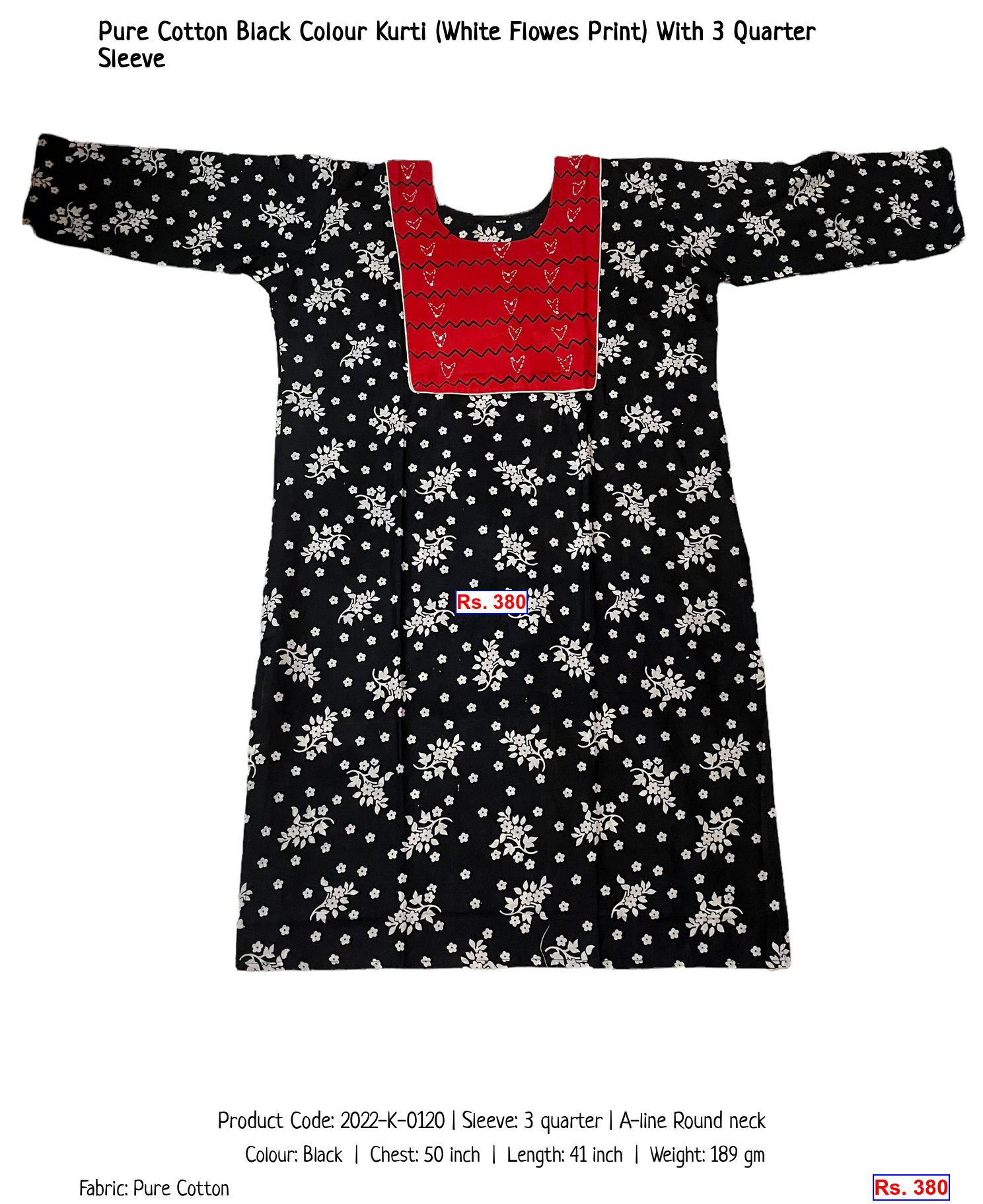 Pure Cotton Black Colour Kurti (White Flowes Print) With 3 Quarter Sleeve