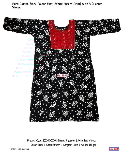 Pure Cotton Black Colour Kurti (White Flowes Print) With 3 Quarter Sleeve | Rs. 380