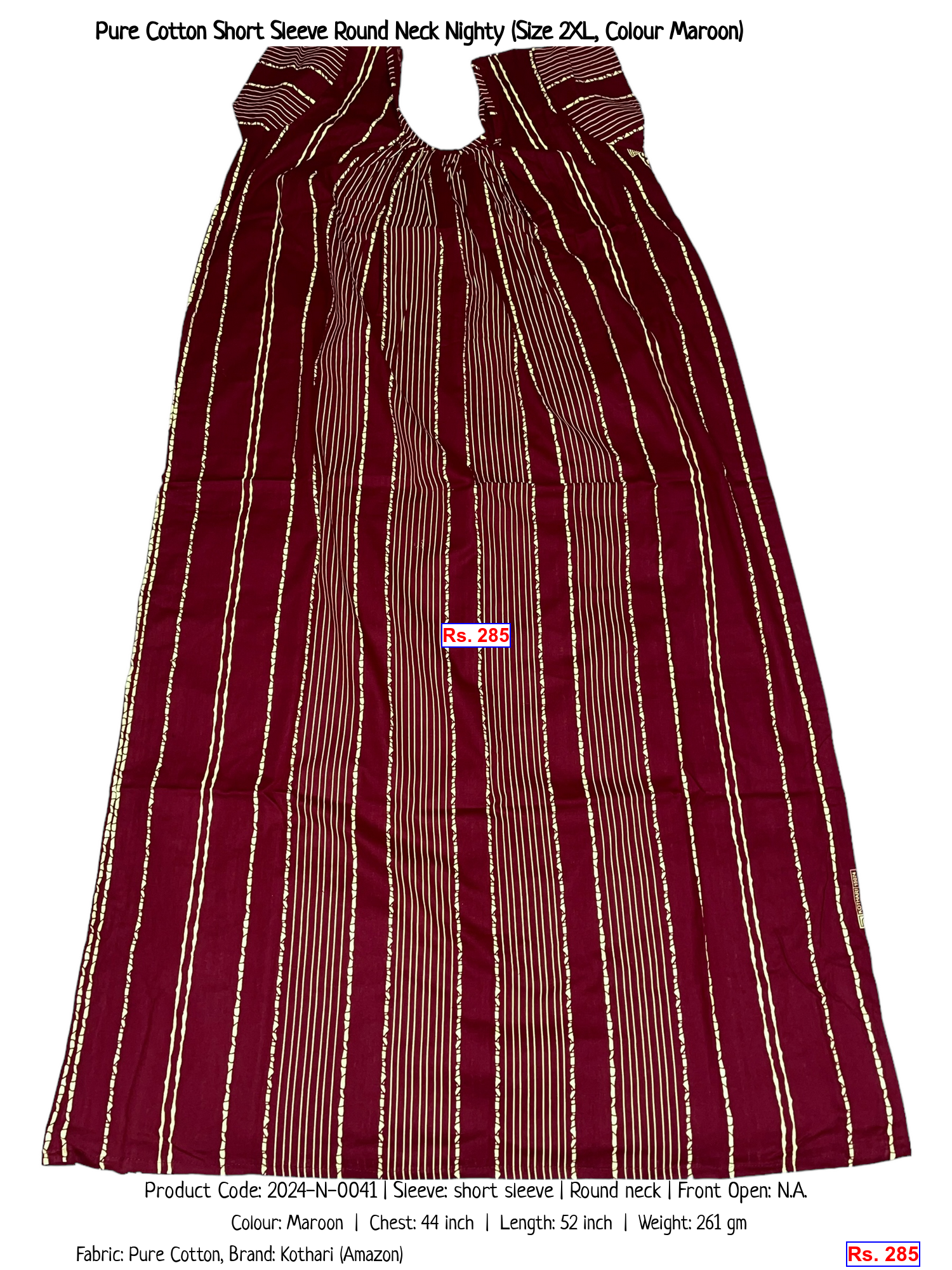 Pure Cotton Short Sleeve Round Neck Nighty (Size 2XL, Colour Maroon)