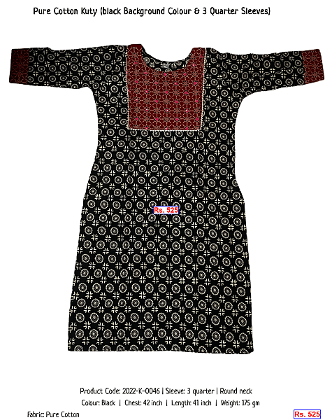58-pure-cotton-kuty-black-background-colour-3-quarter-sleeves | Rs. 525