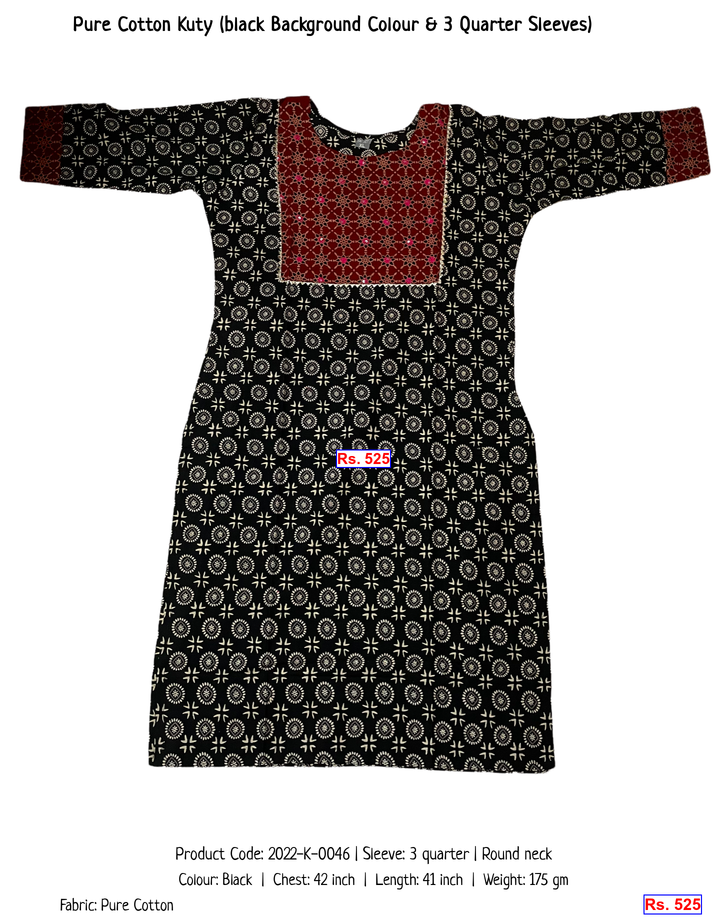 Pure Cotton Kuty (black Background Colour & 3 Quarter Sleeves)