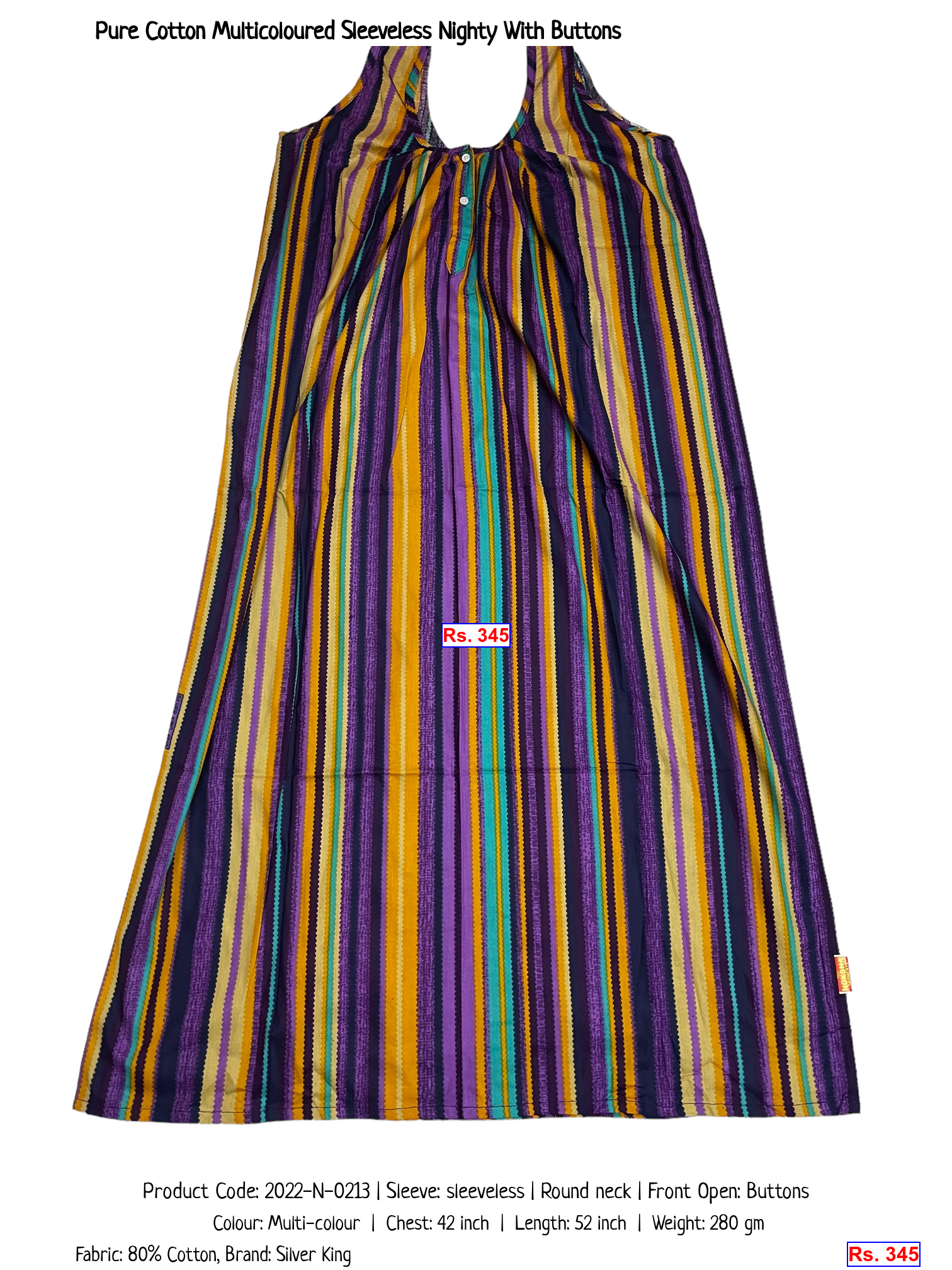 Pure Cotton Multicoloured Sleeveless Nighty With Buttons