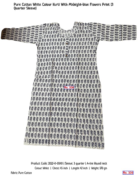299-pure-cotton-white-colour-kurti-with-midnight-blue-flowers-print-3-quarter-sleeve | Rs. 330