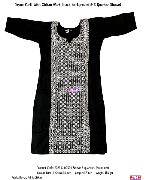 62-rayon-kurti-with-chikan-work-black-background-3-quarter-sleeve | Rs. 215
