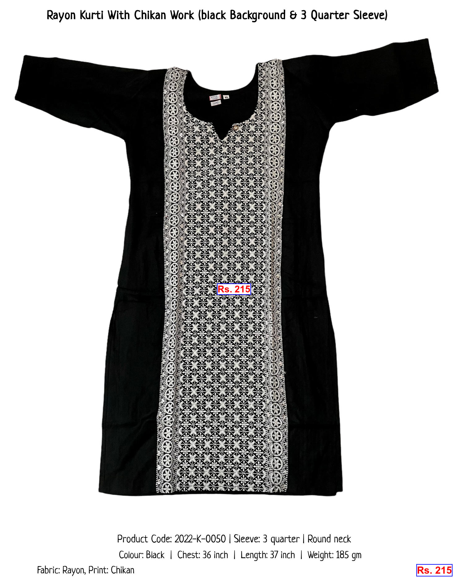 Rayon Kurti With Chikan Work (black Background & 3 Quarter Sleeve)