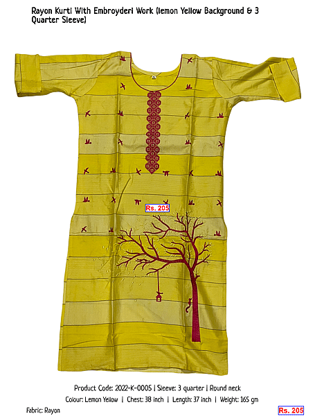 19-rayon-kurti-with-embroyderi-work-lemon-yellow-background-3-quarter-sleeve | Rs. 205