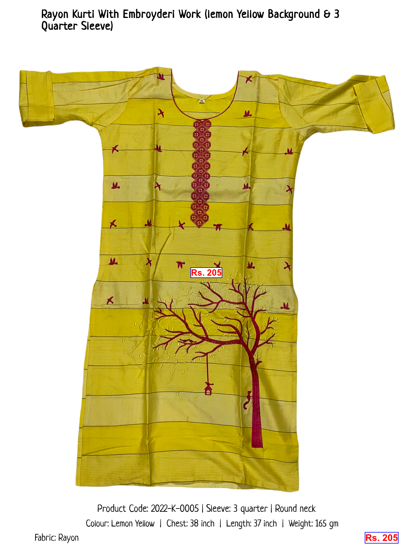 Rayon Kurti With Embroyderi Work (lemon Yellow Background & 3 Quarter Sleeve)