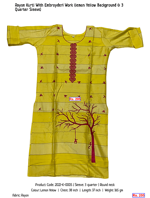Rayon Kurti With Embroyderi Work (lemon Yellow Background & 3 Quarter Sleeve) | Rs. 205