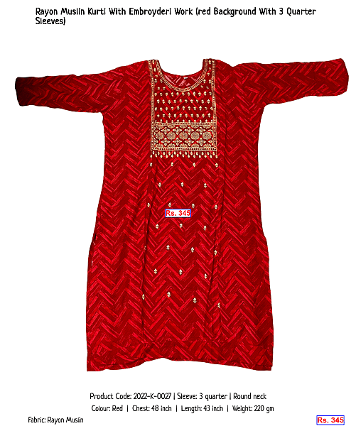 40-rayon-muslin-kurti-with-embroyderi-work-red-background-with-3-quarter-sleeves | Rs. 345