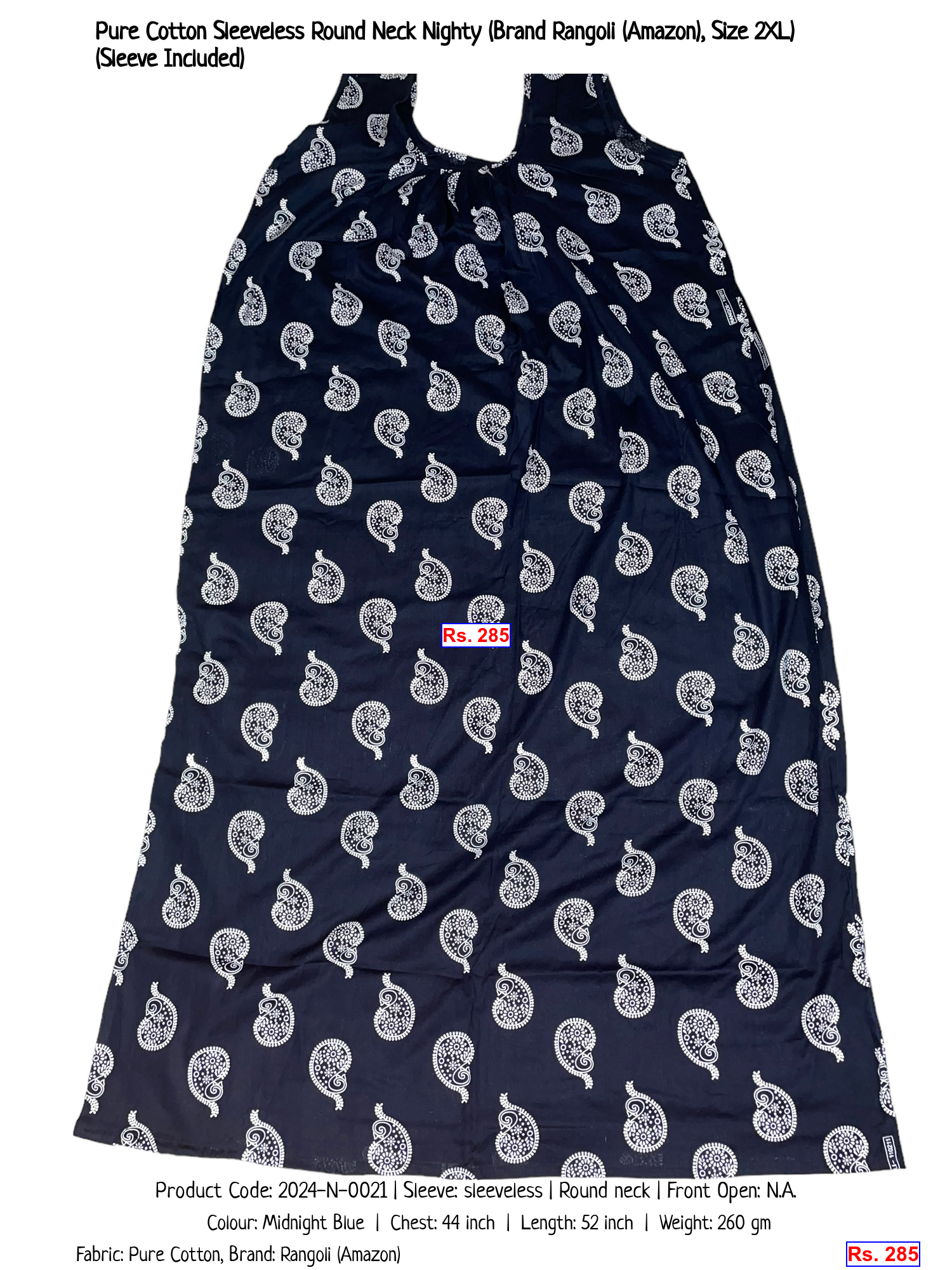 Pure Cotton Sleeveless Round Neck Nighty (Brand Rangoli (Amazon), Size 2XL) (Sleeve Included)