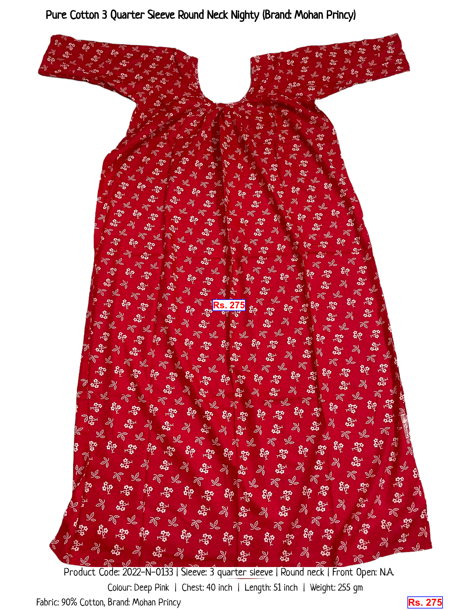 Pure Cotton 3 Quarter Sleeve Round Neck Nighty (Brand: Mohan Princy)
