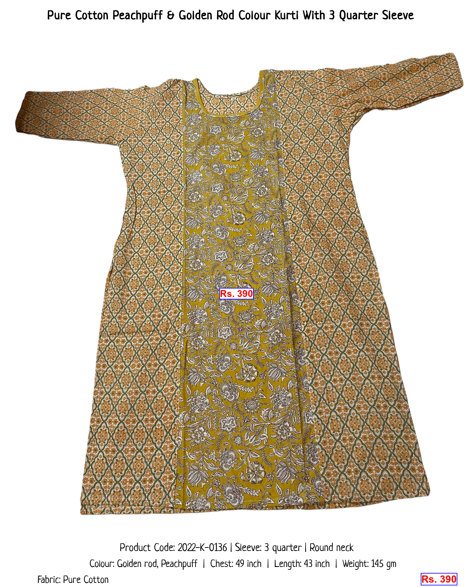 Pure Cotton Peachpuff & Golden Rod Colour Kurti With 3 Quarter Sleeve