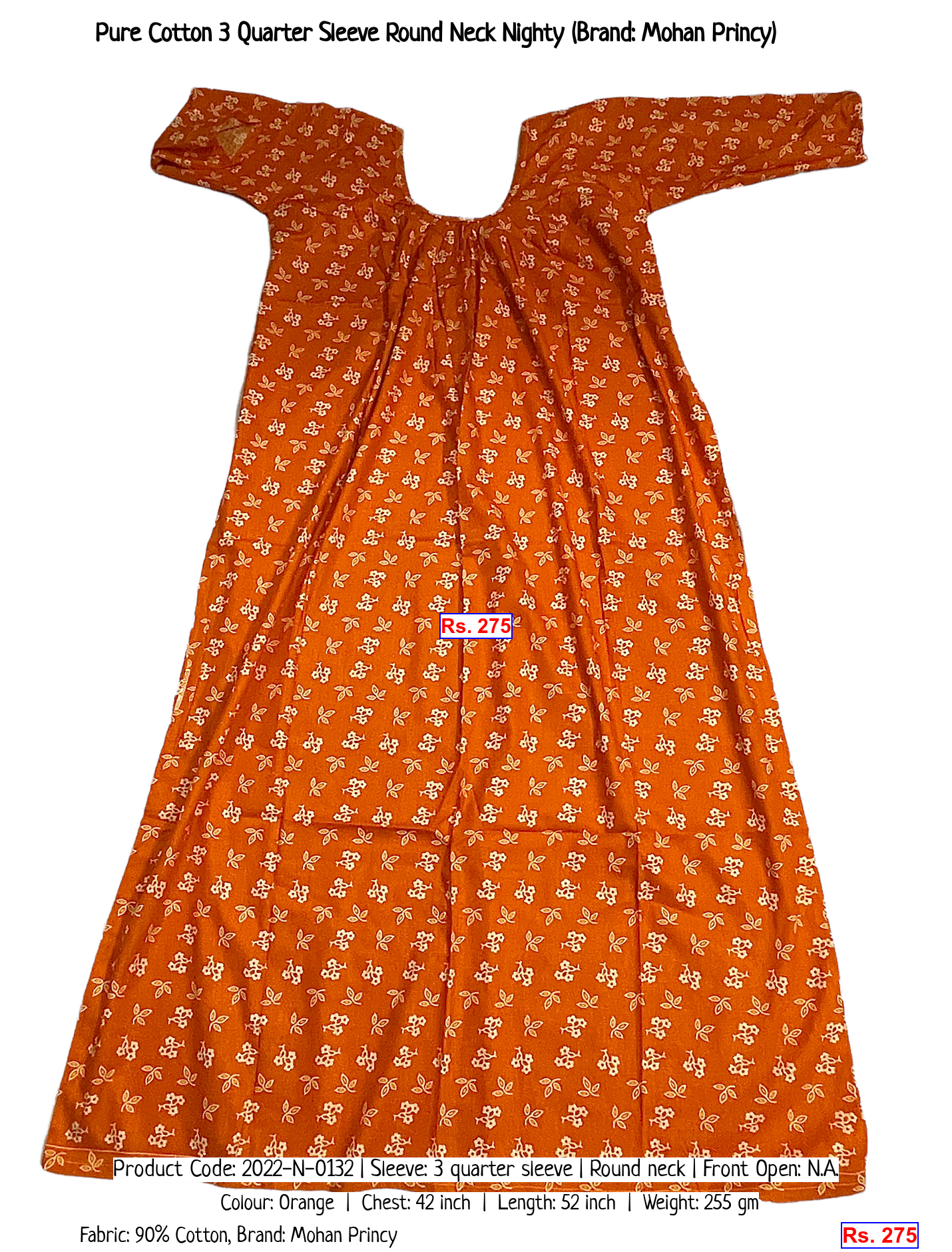 Pure Cotton 3 Quarter Sleeve Round Neck Nighty (Brand: Mohan Princy)