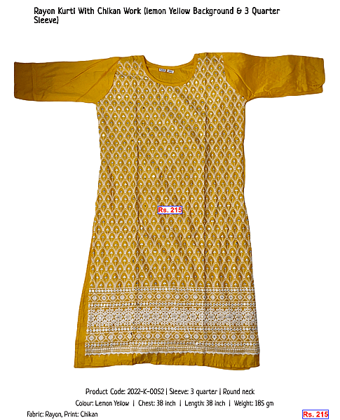 64-rayon-kurti-with-chikan-work-lemon-yellow-background-3-quarter-sleeve | Rs. 215