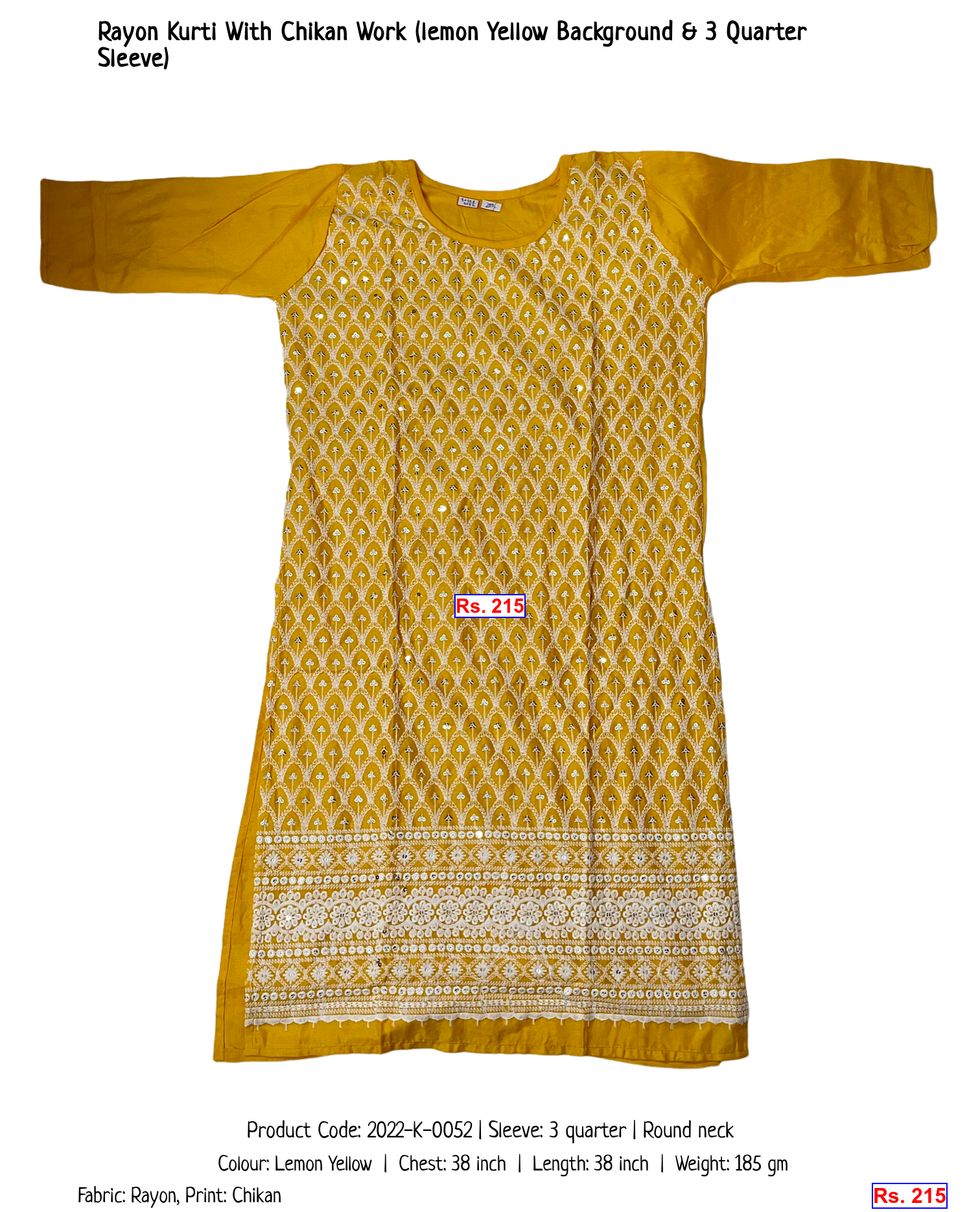 Rayon Kurti With Chikan Work (lemon Yellow Background & 3 Quarter Sleeve)