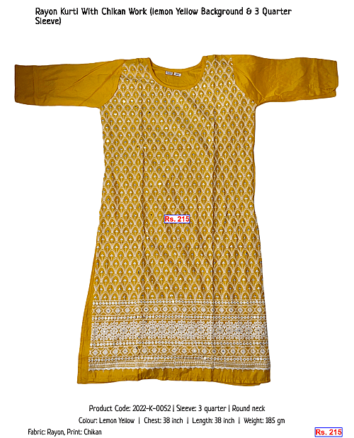 Rayon Kurti With Chikan Work (lemon Yellow Background & 3 Quarter Sleeve) | Rs. 215