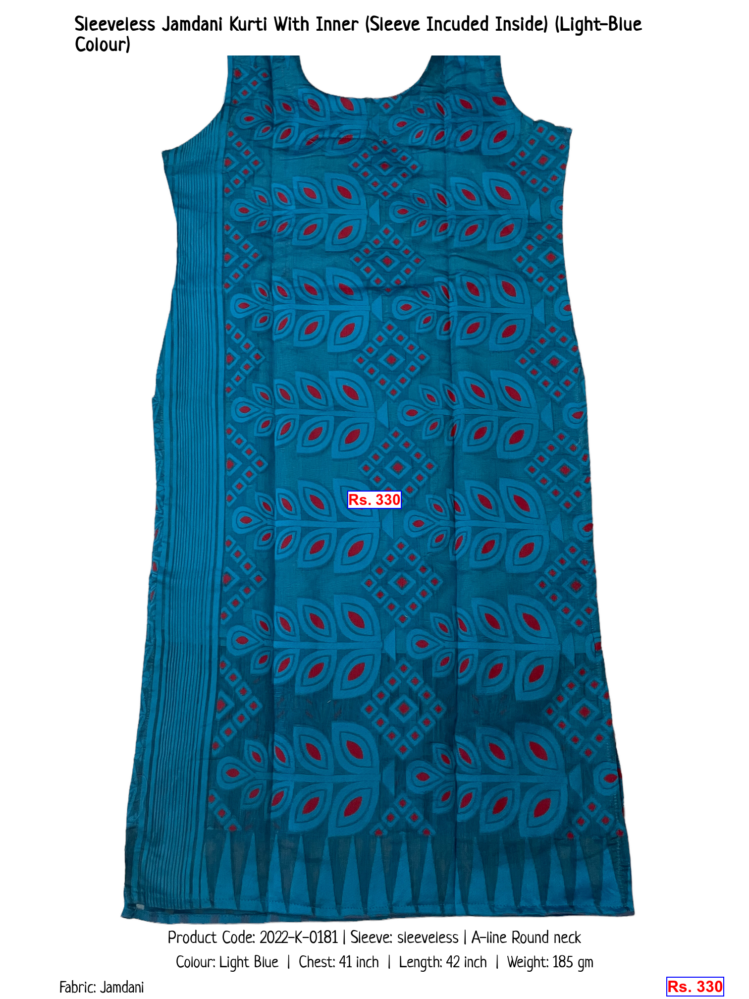 Sleeveless Jamdani Kurti With Inner (Sleeve Incuded Inside) (Light-Blue Colour)