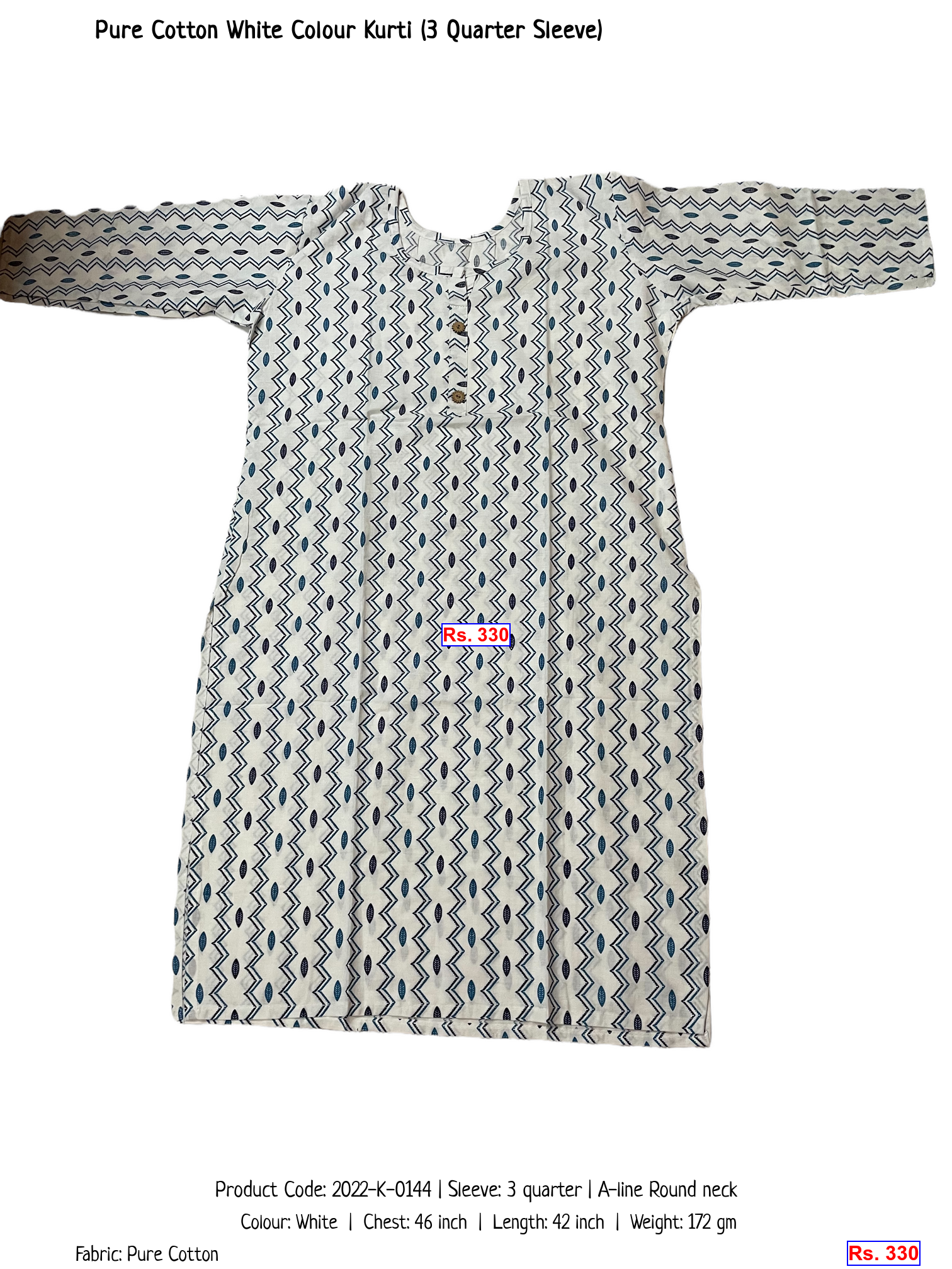 Pure Cotton White Colour Kurti (3 Quarter Sleeve)