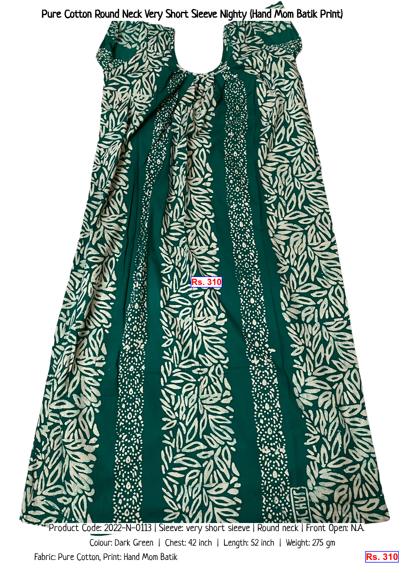 Pure Cotton Round Neck Very Short Sleeve Nighty (Hand Mom Batik Print)