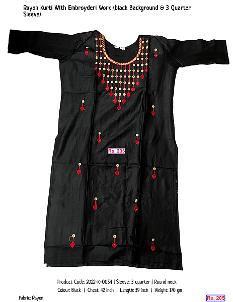 66-rayon-kurti-with-embroyderi-work-black-background-3-quarter-sleeve | Rs. 205