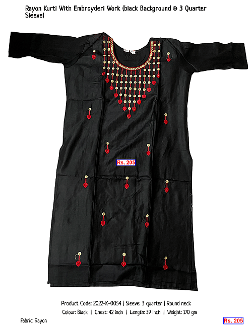 Rayon Kurti With Embroyderi Work (black Background & 3 Quarter Sleeve) | Rs. 205