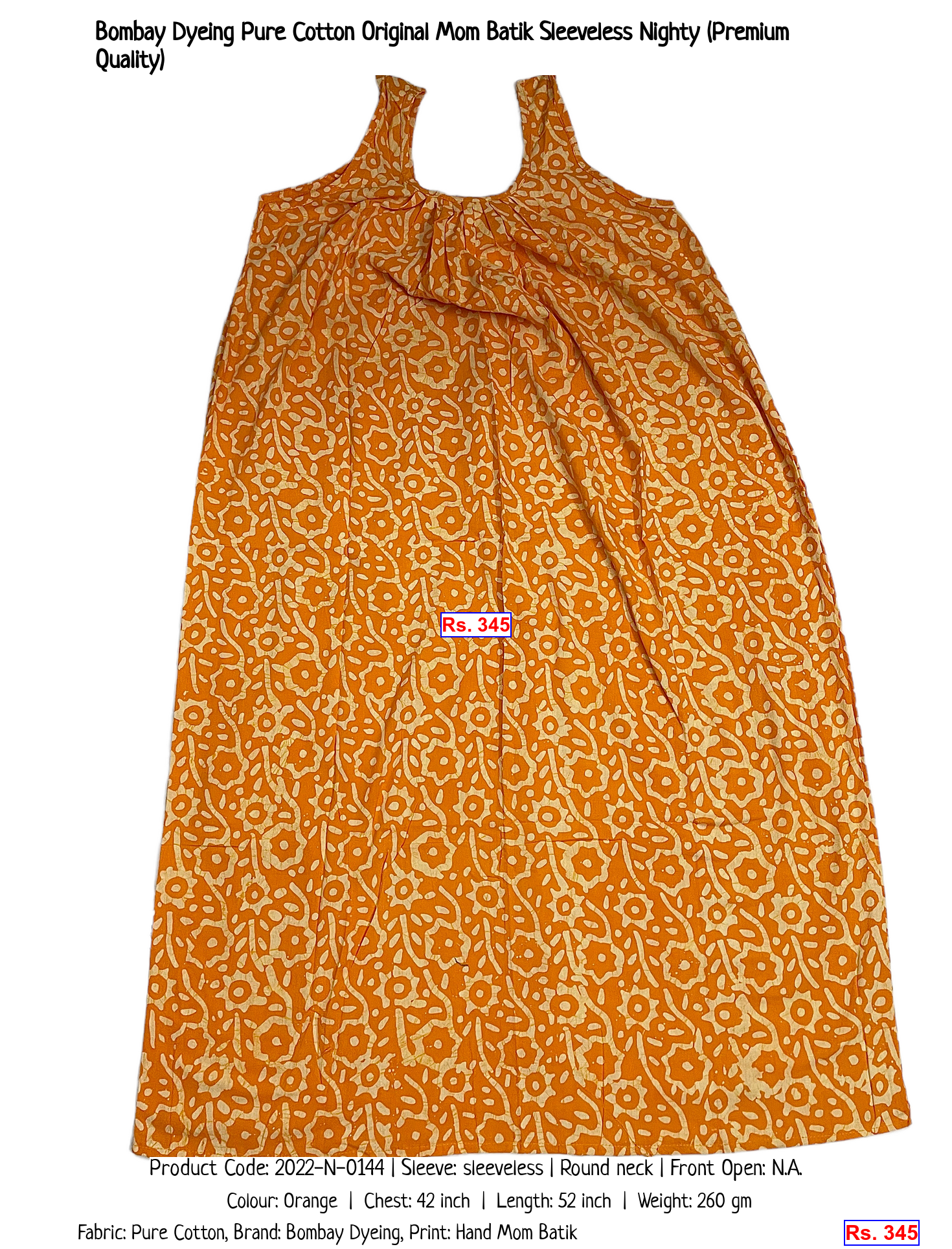 Bombay Dyeing Pure Cotton Original Mom Batik Sleeveless Nighty (Premium Quality)