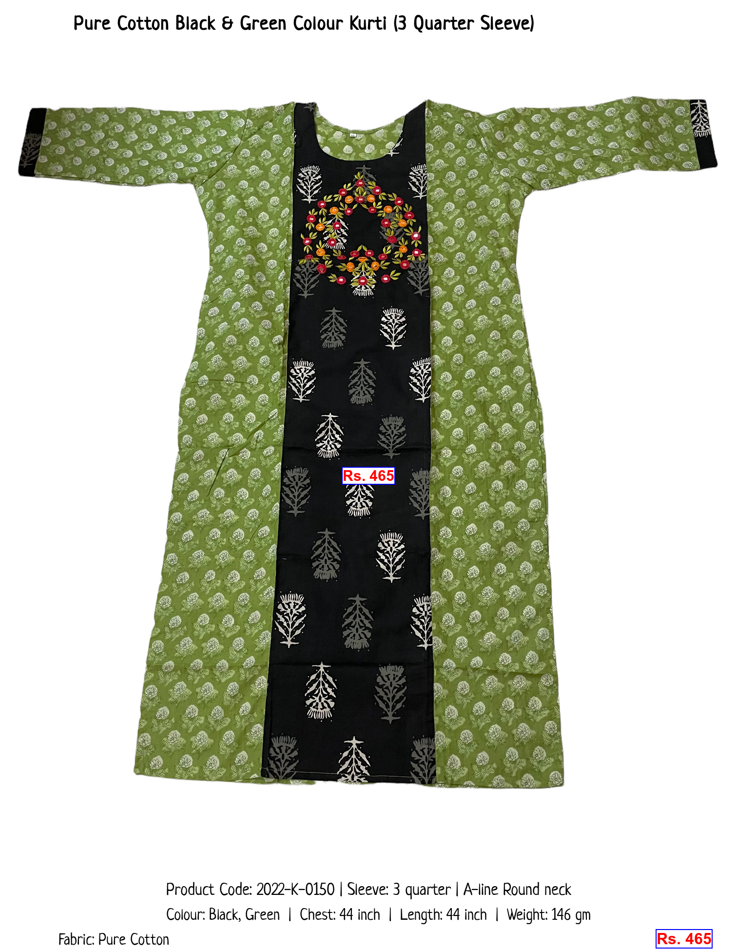 Pure Cotton Black & Green Colour Kurti (3 Quarter Sleeve)