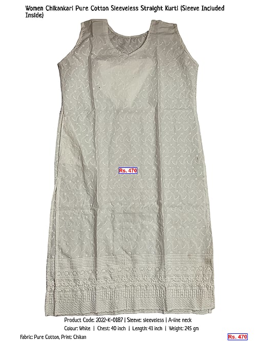 Women Chikankari Pure Cotton Sleeveless Straight Kurti (Sleeve Included Inside) | Rs. 470