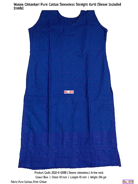 367-women-chikankari-pure-cotton-sleeveless-straight-kurti-sleeve-included-inside | Rs. 470