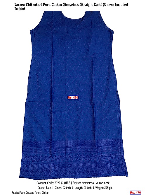 Women Chikankari Pure Cotton Sleeveless Straight Kurti (Sleeve Included Inside) | Rs. 470