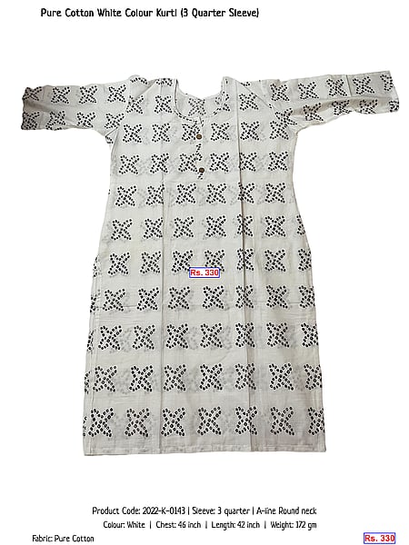 302-pure-cotton-white-colour-kurti-3-quarter-sleeve | Rs. 330