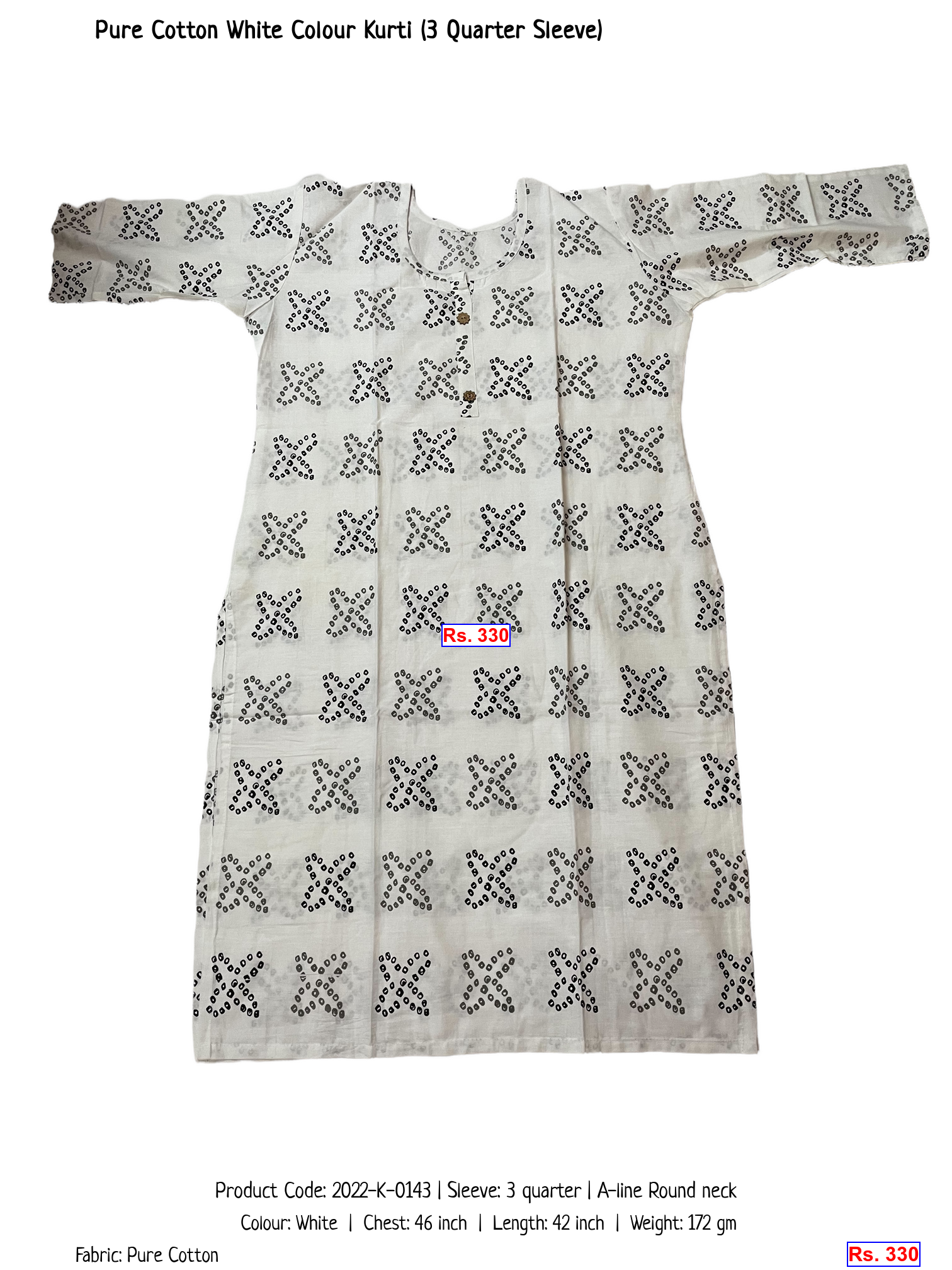 Pure Cotton White Colour Kurti (3 Quarter Sleeve)
