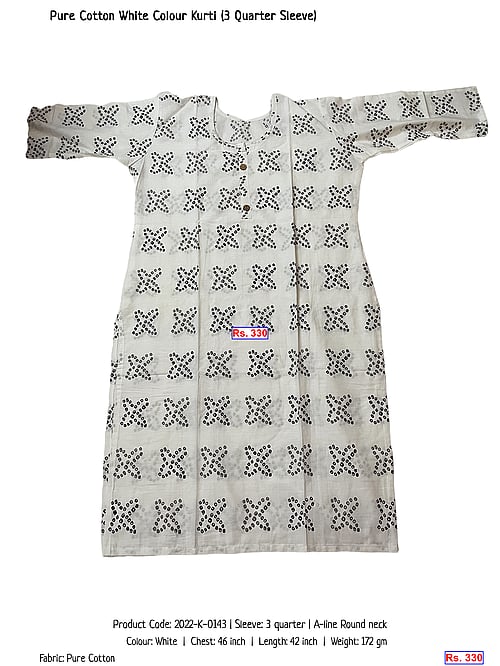 Pure Cotton White Colour Kurti (3 Quarter Sleeve) | Rs. 330
