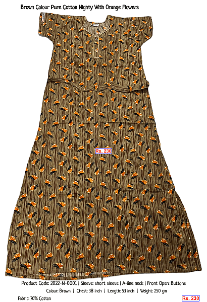 76-brown-colour-pure-cotton-nighty-with-orange-flowers | Rs. 230