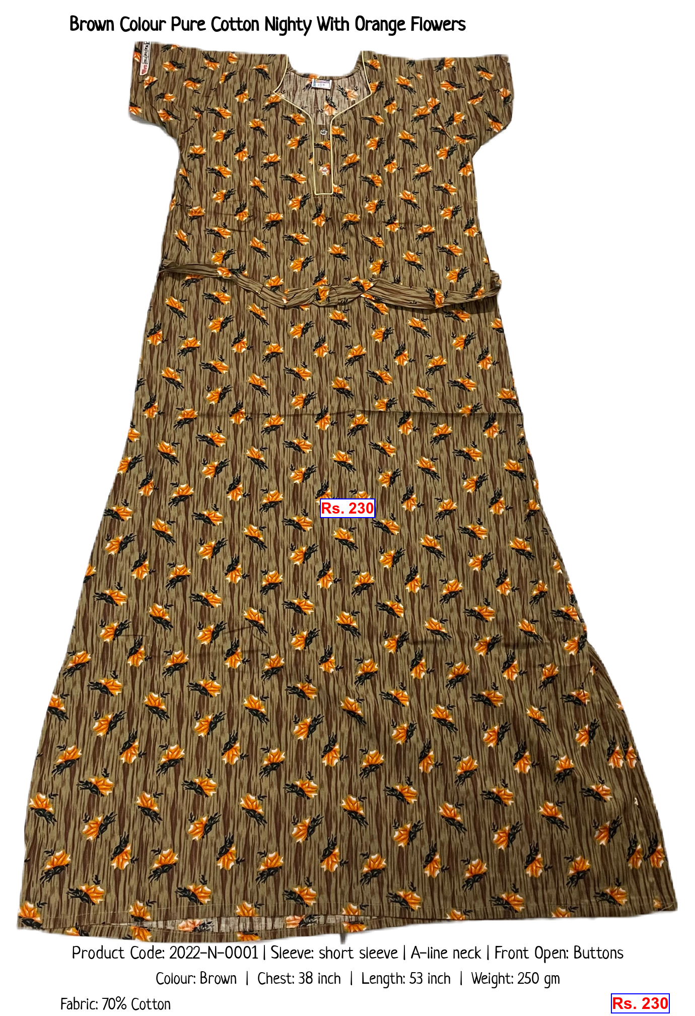 Brown Colour Pure Cotton Nighty With Orange Flowers