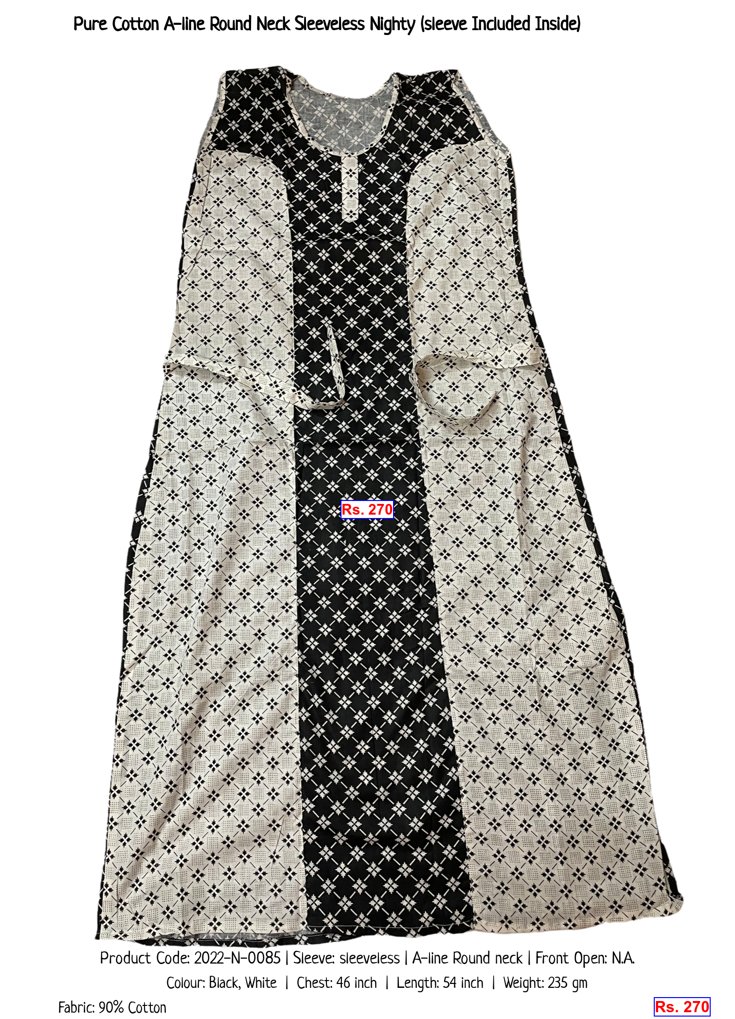 Pure Cotton A-line Round Neck Sleeveless Nighty (sleeve Included Inside)