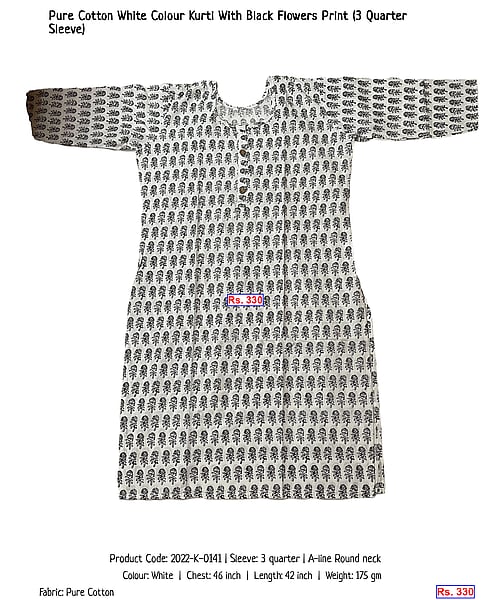 300-pure-cotton-white-colour-kurti-with-black-flowers-print-3-quarter-sleeve | Rs. 330