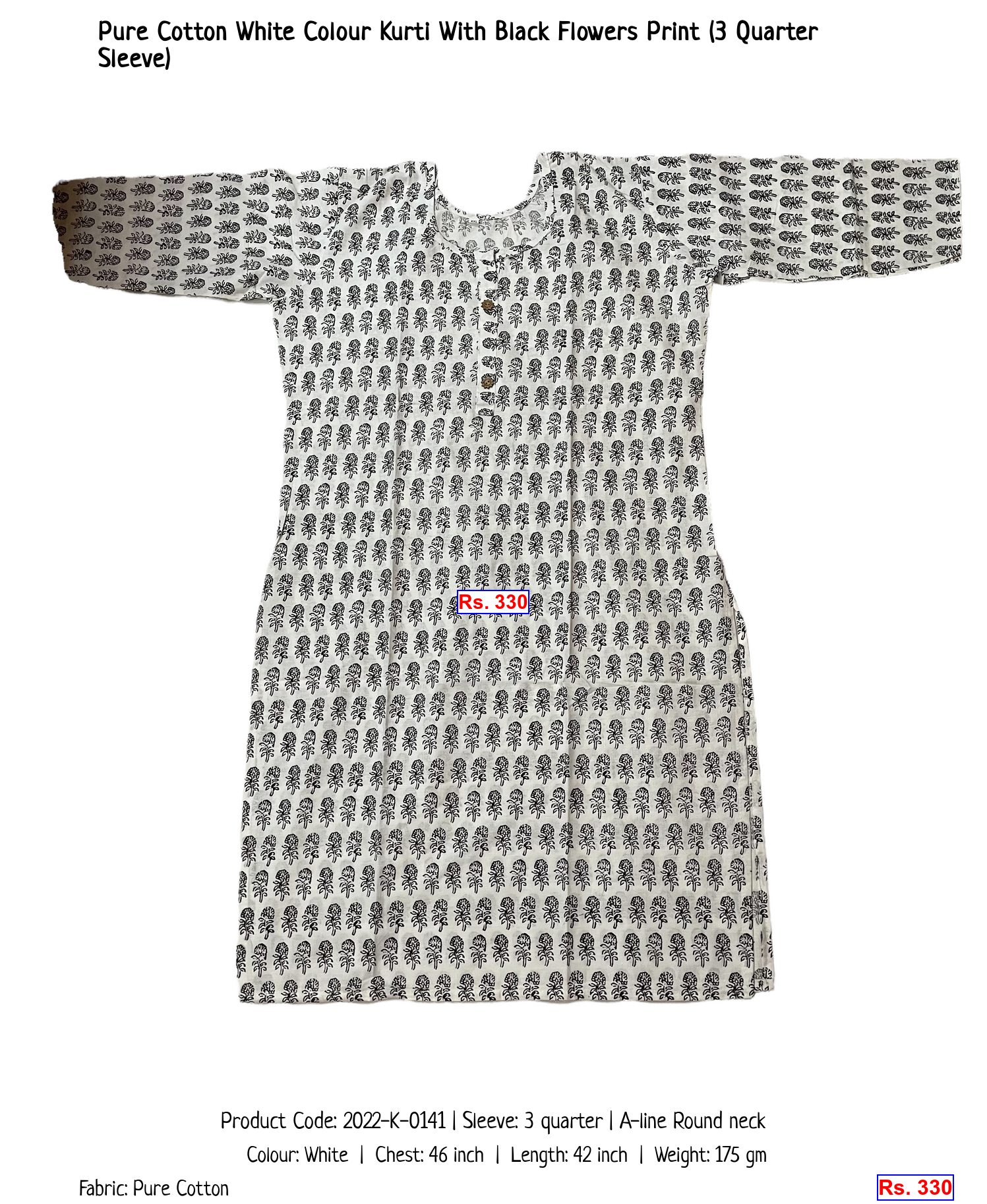 Pure Cotton White Colour Kurti With Black Flowers Print (3 Quarter Sleeve)