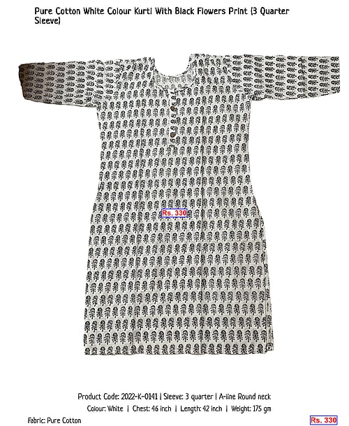 Pure Cotton White Colour Kurti With Black Flowers Print (3 Quarter Sleeve) | Rs. 330