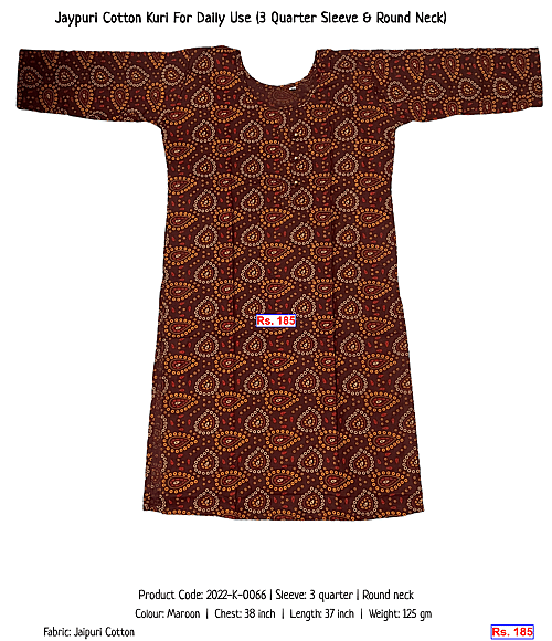 Jaypuri Cotton Kuri For Daily Use (3 Quarter Sleeve & Round Neck) | Rs. 185