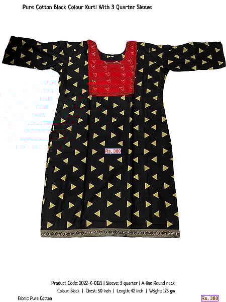 280-pure-cotton-black-colour-kurti-with-3-quarter-sleeve | Rs. 380