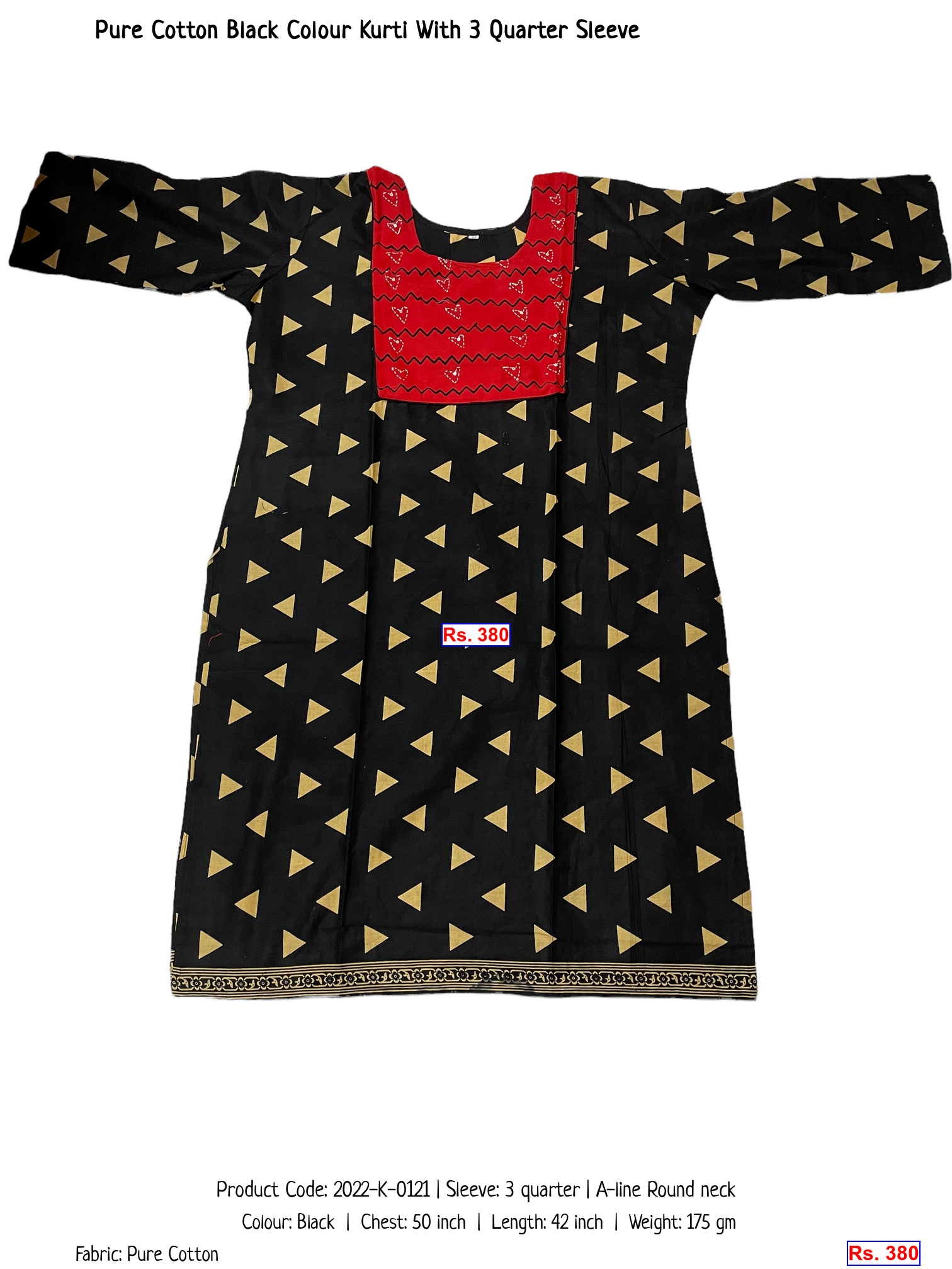Pure Cotton Black Colour Kurti With 3 Quarter Sleeve